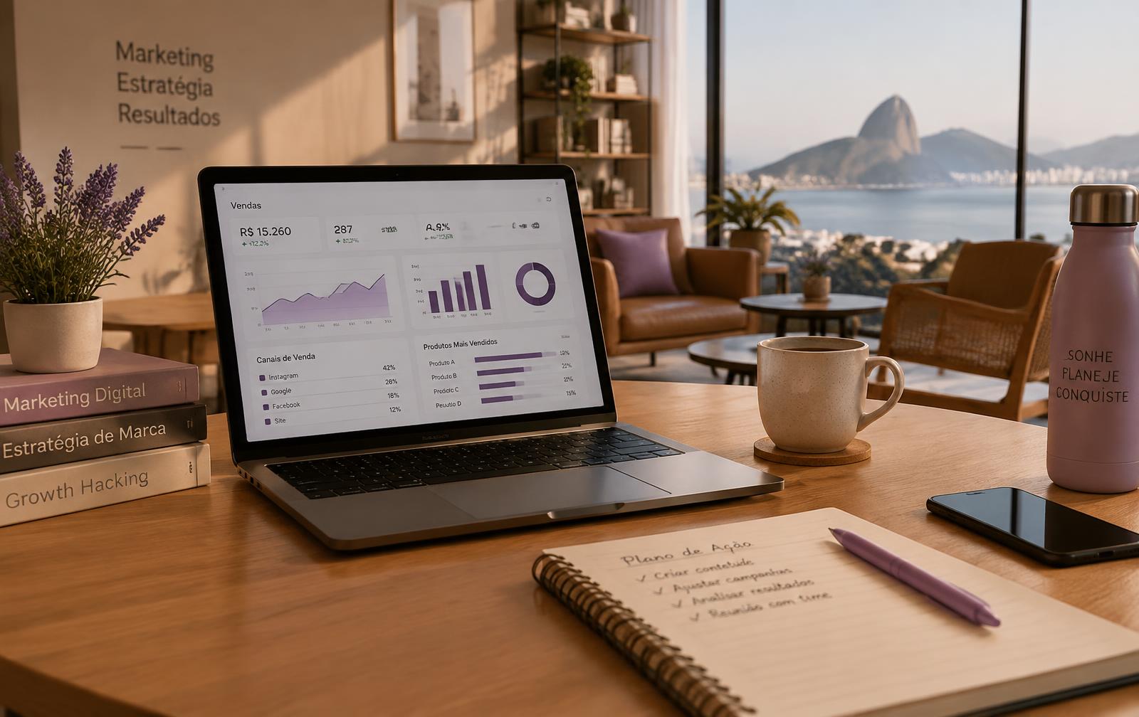 Mesa de trabalho com indicadores de vendas e plano de ação